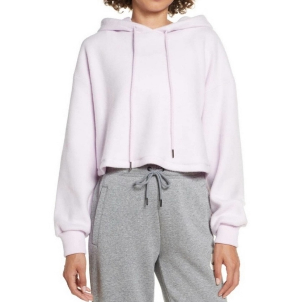 Zella Lilac Pink Cozy Soft Hoodie Cropped Sweatshirt Women’s Large Drawstring